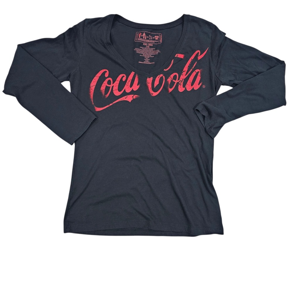 Coca-Cola Women XXL Black Graphic V-Neck Long Sleeve T-Shirt